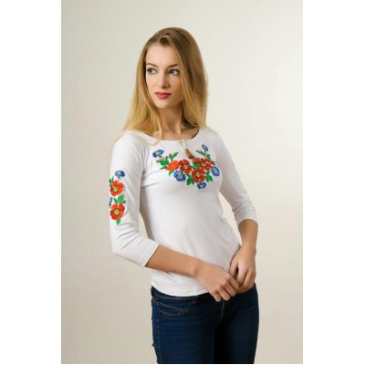 Embroidered t-shirt with 3/4 sleeves "Cornflowers" red on white